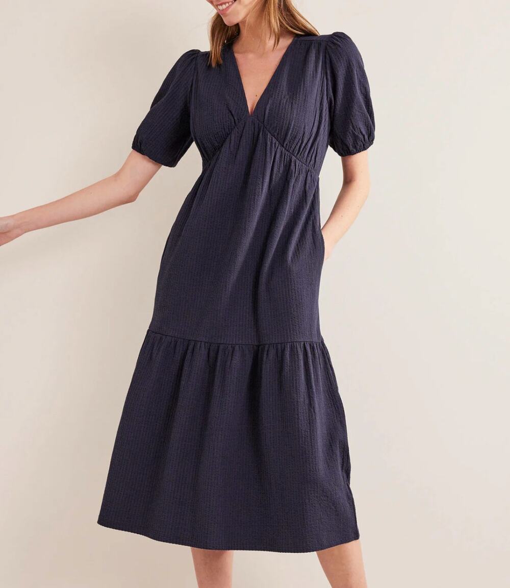 BODEN Navy Blue Jersey Seersucker Puff Sleeve V-Neck Cotton Midi Dress